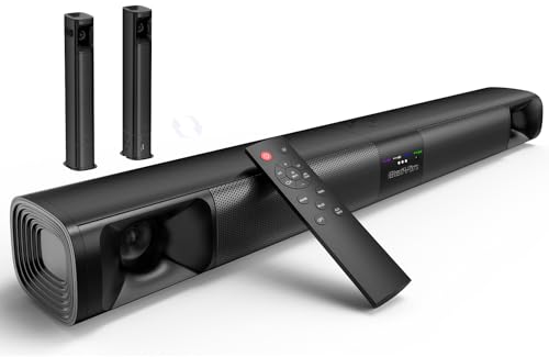 Saiyin Barra de sonido para Smart TV, barra de sonido desmontable de 80 W de 2.0 canales con óptica/ARC/AUX/Bluetooth, sistema de sonido envolvente para cine en casa, montaje en pared o altavoz de TV