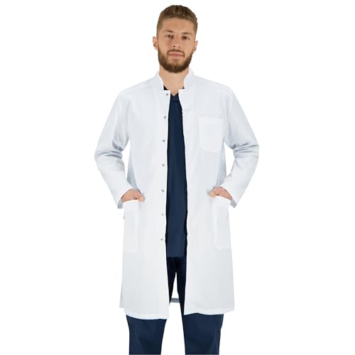 B-well Antonio Bata de laboratorio para hombre, bata de trabajo con mangas largas y 3 bolsillos y fijación oculta con botones de presión, Blanco, S