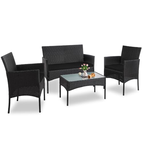PROHIKER 4 Piece Outdoor Wicker Patio Conversation Furniture Set, Rattan Chair Wicker Sofa Garden Conversation Sets with Cushion and Glass Table for Yard Pool or Backyard, Black/Black