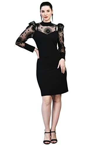 Image of IUGA Women's Puff Sleeve High Neck Bodycon Casual Midi Dress