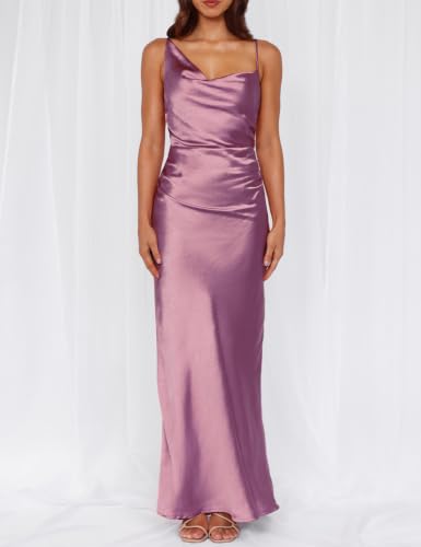 Image of Formal Satin Silk Spaghetti Strap Maxi Dresses for Women Wedding Guest