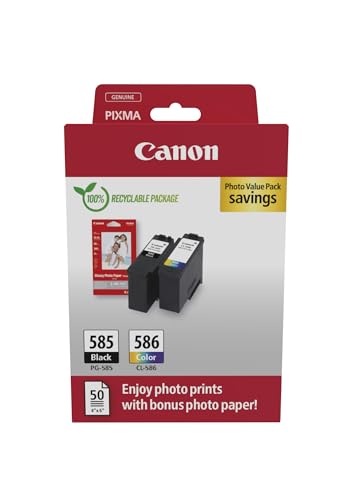 Canon PG 585 + CL 586, Cartuchos de Tinta Original, 1 Cartucho Negro y 1 Cartucho Color, Incluye Papel fotográfico 4x6 (50 x Hojas), Compatible con Impresoras PIXMA