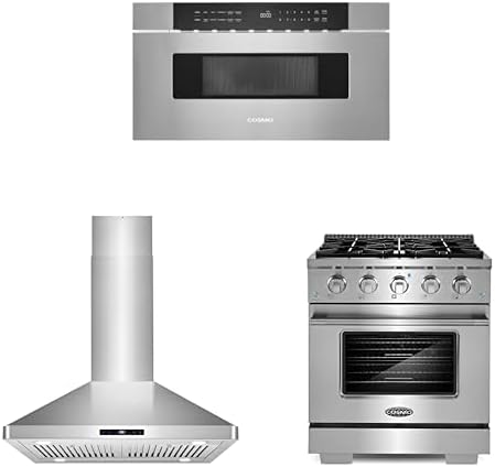 COSMO 3-Piece Kitchen Appliance Packages, 30" Microwave Drawer Stainless Steel No Handle, 30" Island Range Hood and 30" Gas Range