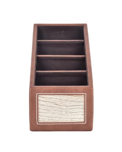 Image of Premsons Remote Holder Artificial Leather with Wooden Finish - 4 Section Tabletop Organizer for TV, AC & Office Desk Accessories - Compact & Stylish Storage Solution for Home & Office - Light Brown