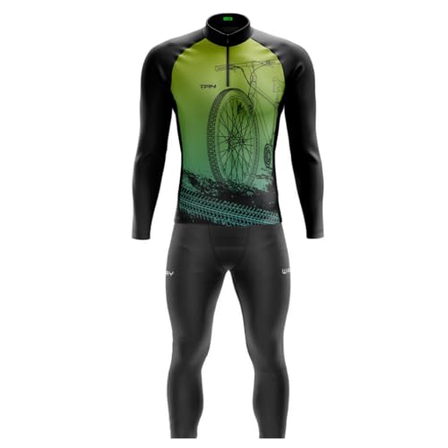 Conjunto de Ciclismo Masculino Camisa Manga Longa Verde Degradê + Calça Acolchoada Forro GEL Bike Ro