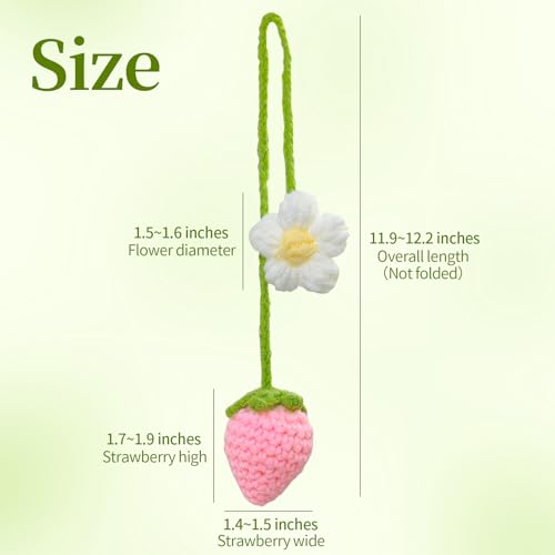 HFZRZFH Crochet Strawberry and Flower Car Hanging Ornaments, Cute Aesthetic Rearview Mirror Hanging Accessories for Women and Girls, Handmade Polyester Fiber Car Decor 2-Pack