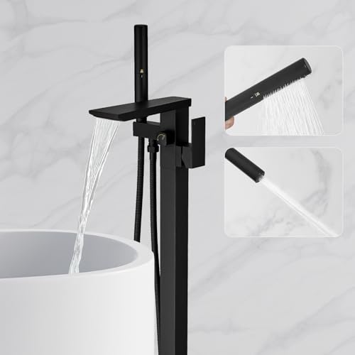 RUMOSE Matte Black Bathtub Filler Freestanding Tub Filler Floor Mount Tub Faucet Waterfall Free Standing Bathtub Faucet High Flow Brass Bath Shower Faucets with Handheld Sprayer by RUMOSE - Used condition - US$115.05