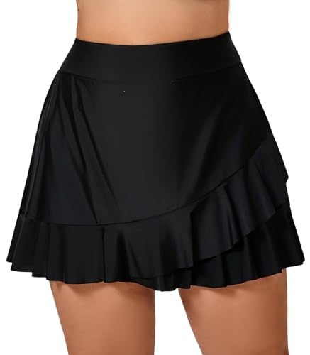 Halcurt Women's Plus Size High Waisted Ruffle Swim Skirts with Hipster Tankini Bottoms