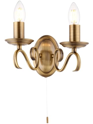 Endon Bernice Classic Antique Brass Twin E14 Candle Dimmable Pull Cord Switch Wall Light