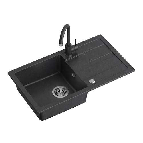 QUADRON GO MAX Evier de cuisine en granit | Dimensions : 77 x 44 x 17,6 cm Noir | Evier encastrable avec robinet