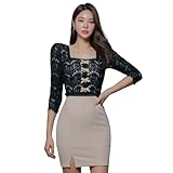 [GRAXIA] 【グラシア】キャバドレス ミニドレス タイト ワンピース キャバ嬢 キャバクラ ラウンジ 五分袖 チャーム スクエアネック スリット バイカラー ベロア リボンミニ丈 透け感 レース レディース ブラック×ベージュ Lサイズ