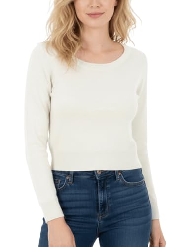 Image of Women's Crop Top Stretch Sweater - Long Sleeve Slim Bodycon Crewneck Casual Basic Solid Cropped Knit Pullover Top