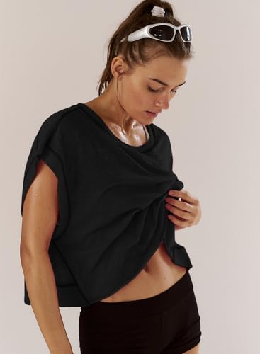 Women Short Sleeve Workout Shirts Open Back Tops Casual Yoga Y2k Athletic Gym Slouchy Crop Running Tees4