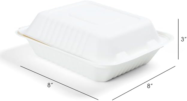 8"x8"x3" Clamshell One Compartment Sugarcane Biodegradable & Renewable Eco-Friendly White TakoutFood Contaniners/To Go Boxes (Case of 200)