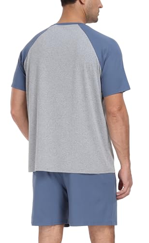 PrinStory Mens Pajama Set Summer Pjs Sleepwear Nightwear Lightweight Quick Dry Soft Short Sleeve Sleep Set With Pocket S-4XL3