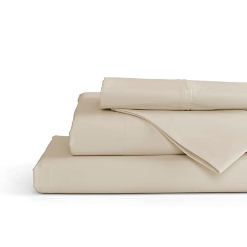 Image of Linen Home 4 Piece Twin Size Cotton Sheet Set, 100% Cotton Percale, 2 Pillowcases, Deep Pocket with All Around Elastic Sheet, Crisp Breathable Bedding, Hotel Luxury, Long-Staple Combed Cotton, Ivory