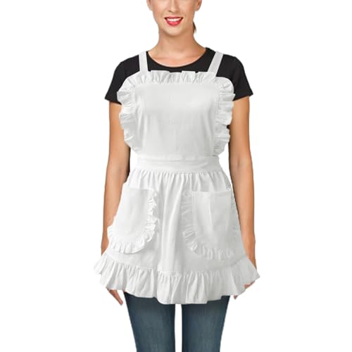 DAZZLUXE Tablier En Dentelle Ébouriffée, Vintage De Femme De Chambre, Double Poche, Servante Français, Serveuse, Froufrous (Blanc)