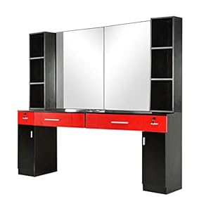 BarberPub Wall Mount Barber Station Hair Styling with Mirror Dressing Table Beauty Salon Spa Equipment Set 3026+3036 (Black&Red)