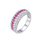 Homxi Anillos Mujer Boda Oro Blanco 9K, Redondo con Rubí y Diamante, Anillos Eternidad Mujer Plata Rojo Rosa, Tamaño 7(47mm)