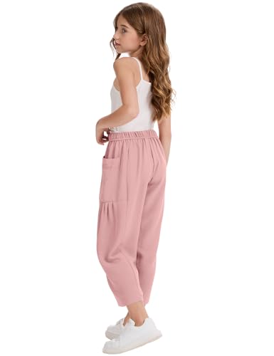 Image of COZYPOIN Girl's Wide Leg Pants Elastic Waist Loose Fit Flowy Casual Beach Palazzo Harem Trousers with Pockets 5-14 Y(DarkPink-L)