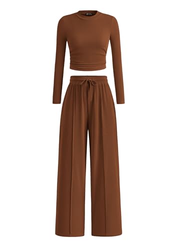 PRETTYGARDEN Women's 2 Piece Sets 2025 Fall Long Sleeve Crop Tops Wide Leg Pants Matching Outfit Tracksuits Fashion Clothing (Brown,Small)