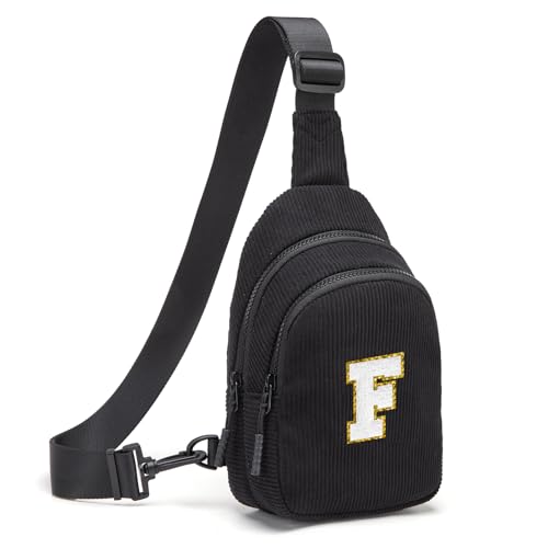 Small Corduroy Sling Bag Initial Crossbody Bag Fanny Pack for Girls Personalized Birthday Gifts for Teen Girls Gifts Black F