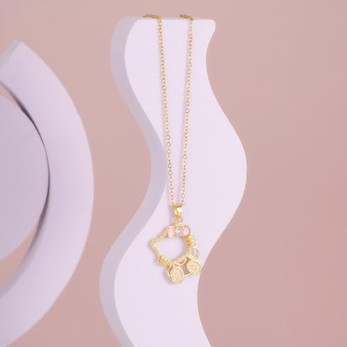 Cute Gold-Plated Necklace Bracelet Set, Cat Bow Pendant with Simulated Diamonds and Pearls, Adjustable Chain for Women,Kawaii Gift Jewelry (Gold)3