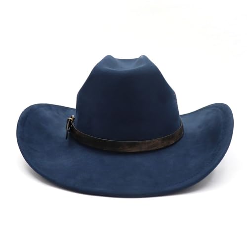 Image of Western Suede Cowboy Hat for Women Men Wide Brim Classic Cowboy Cowgirl Hat with Buckle Belt Felt Fedora Hat