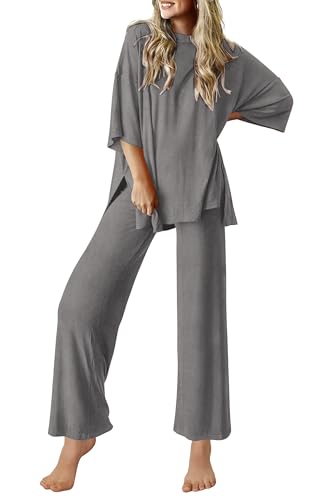 Image of Ekouaer Lounge Sets for Women Short Sleeve Tops and Long Pants Soft Comfy Pajamas Set 2 Piece Outfits