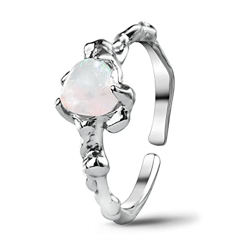 925 Sterling Silver Opal Rings For Women Heart Shaped Opal Rings Adjustable Rings Size 5-10 Birthstone Promising Rings For Her Opal Jewelry For Women Girls #TOP24