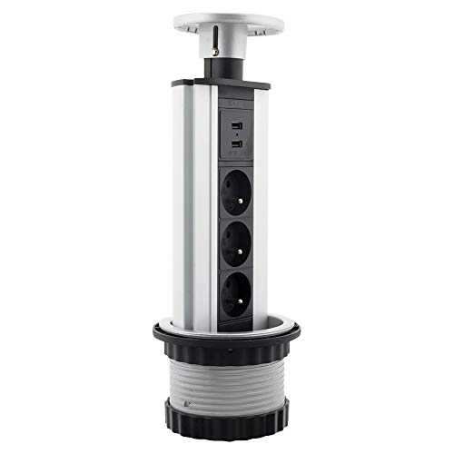 Otio 760063 - Ladrón retractable de escritorio (3 enchufes, 2 x USB), color negro y gris