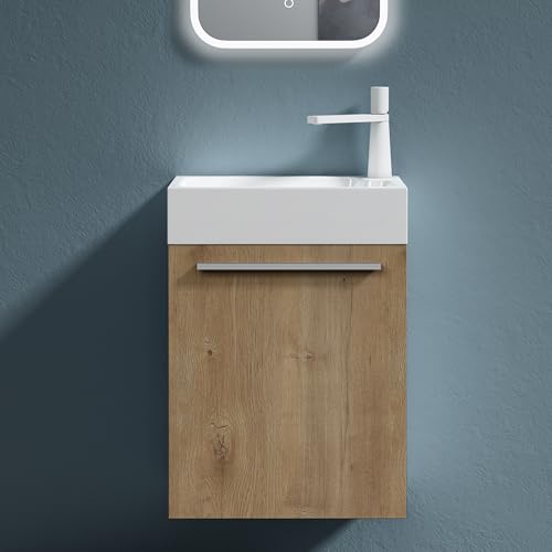 doporro Badezimmer-Set Waschplatz Badmöbel-Set Gäste WC Waschbecken Waschtisch mit Unterschrank in Kerneiche Waschbeckenunterschrank 46x26x63cm Pisa