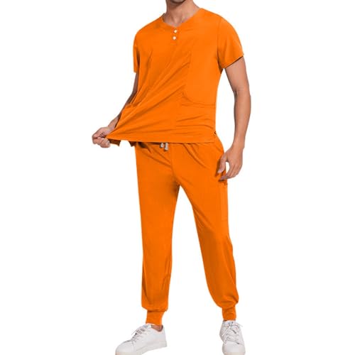 Kasacks Herren 2-Teiliges Set Medizinische Uniform Set mit Rundhals Knöpfen Oberteile und Hose Kasack Pflege Set Sommer Stretch Schlupfhemd Schlupfhose Schrubb-Sets Medizinische Berufsbekleidung