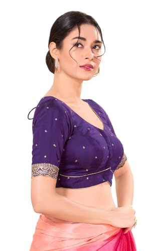 Image of Vamas Women's Silk Padded Self Design Half Sleeve Readymade Saree Blouse (X-1209.ELB)