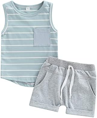 xiqaalombvt Baby Boy Summer Clothes Striped Tank Tops Sleeveless T-Shirt and Solid Shorts Outfit Cute Infant Clothing (Blue, 6-12 Months)