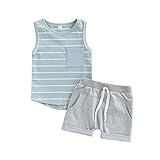 Baby Boy Summer Clothes Striped Tank Tops Sleeveless T-Shirt and Solid Shorts Outfit Cute Infant Clothing (Blue , 12-18 Months )