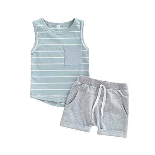 Image of Motababy 2Pcs Baby Boy Summer Clothes Striped Tank Tops Sleeveless T-Shirt and Solid Shorts Outfit Cute Infant Clothing