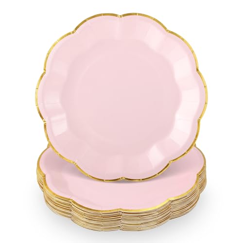 Image of NatNarr 30 Pcs Pink Plates with Gold Trim 7 Inch Pink and Gold Party Plates Scalloped Cake Dessert Plate Disposable for Baby Shower, Wedding, Birthday, Bridal shower