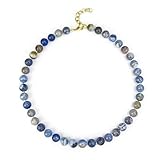 TSdiyART Blue Lace Agate Necklace, Hand-woven 10MM Natural Blue Lace Agate Beads, Gold Plated, Adjustable 18+2' for Women