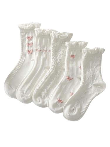 Verdusa Women's 5 Pairs Ruffle Trim Socks Textured Ankle Socks