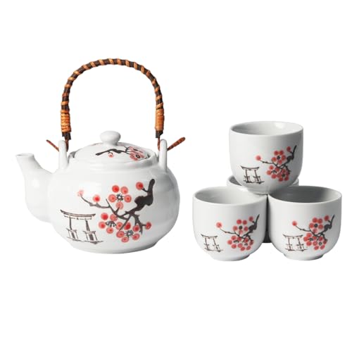 Urban Tokyo Japanese Cherry Blossom Torii Gate Design Tea Set, 22 oz Ceramic Teapot with 4 Cups, White with Bamboo Handle