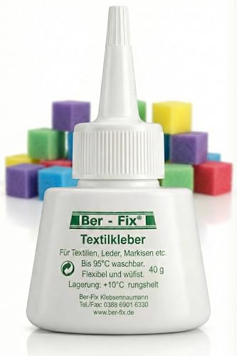 Ber-Fix Pegamento textil 40 g + 12 mini esponjas lavables hasta 95 °C, fuertes y flexibles. Reparaciones perfectas para fibras naturales y tejidos mixtos, ideal para ropa y más