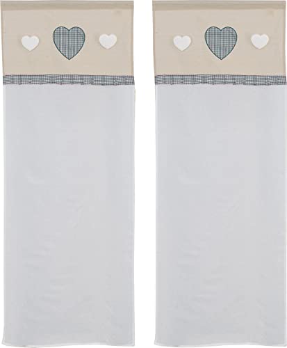 HOME ZEN HOUSEHOLD LINEN Par de cortinas de cristal de cocina Art Orleans Shabby tejido efecto lino seda de poliéster con cenefa escocesa y tres corazones aplicados medidas 60 x 150 cm dis rizo gris