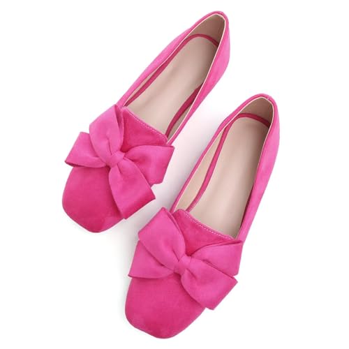 SAILING LU Women's Square Toe Ballet Flats Bow Suede Shoes Size 9 Women Dressy Comfortable Slip-On Loafers Ballerina Hot Pink Rose Flats