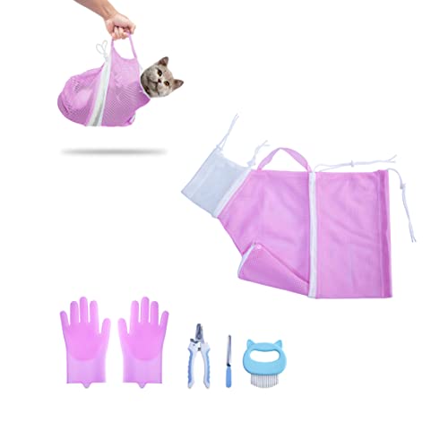 Image of KlerRoem Cat Bathing Bag, Adjustable Anti-bite and Anti-Scratch Cat Shower Mesh Grooming Bag for Pet Dogs and Cats, Includes Pet Nail Clipper, Nail File, Grooming Glove, and Cat Shell Comb