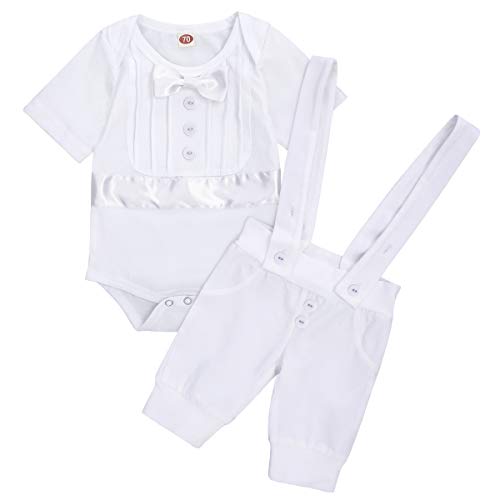 Baby Boys Baptism Christening Outfit 1st Birthday Gentleman Formal Suit Short Sleeve Romper Bodysuit White Shirt Tuxedo Overalls Suspenders Shorts Pants Wedding Bib 2PCS Clothes Set #PP 0-6 Months