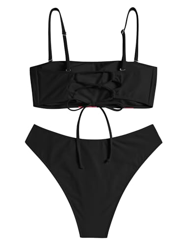 Image of ZAFUL Women's High Cut Bandeau Bikini Set Strapless Solid Color 2 Pieces Bathing Suit Swimsuit