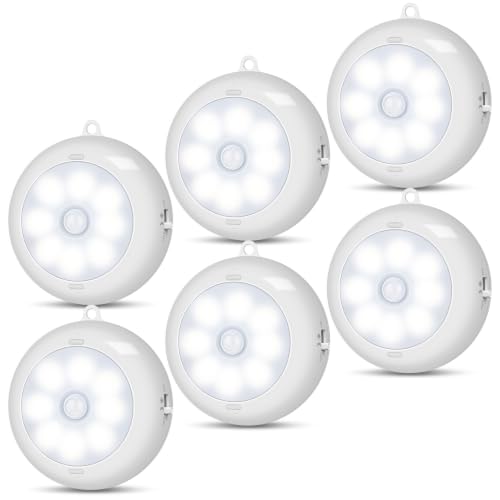 Reoshine Motion Sensor Light Indoor AA Battery Operated, Under Cabinet Lighting, Magnetic Stick on LED Puck Lights for Stair, Wall, Closet, Dimmable, Cool White, 6 Pack