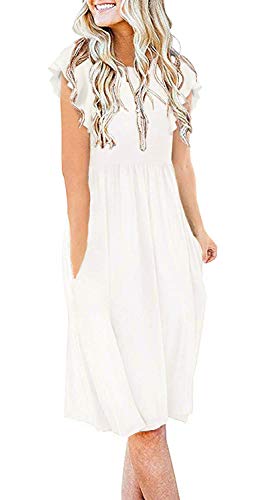 BESFLY Womens Ruffle Sleeve Round Neck Pleated Hem Midi Dress Teen Girls Swing Casual Frocks with Pocket White XL