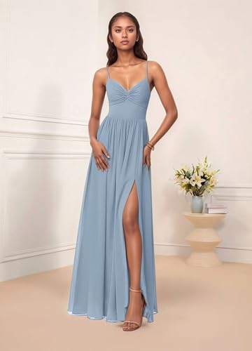 V Neck Chiffon Bridesmaid Dresses for Women with Slit Spaghetti Straps Tie Formal Wedding Prom Dress2